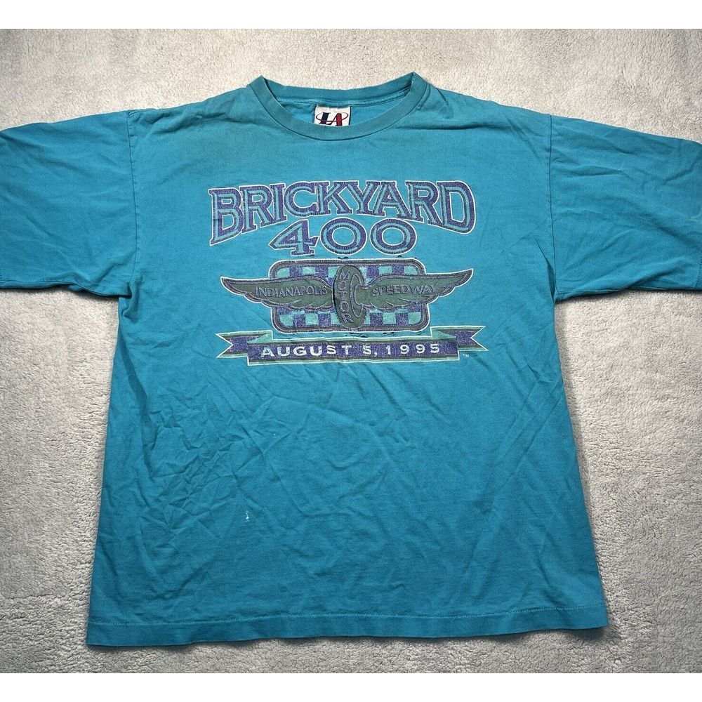Vintage 90s Logo Athletic Brickyard 400 Tee XL Teal 1995 Thrashed Made in USA